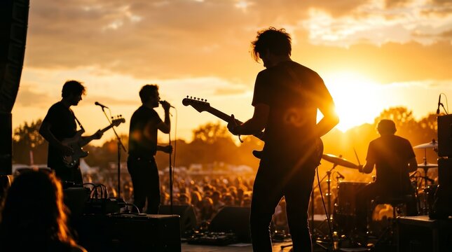 Energetic live band playing music during a beautiful outdoor sunset concert.