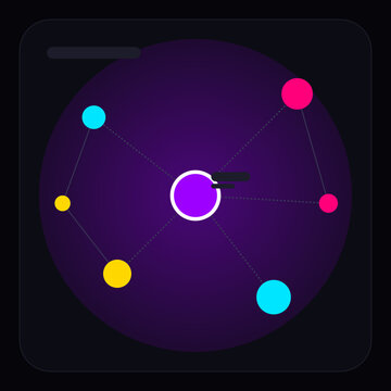 Abstract decentralized web3 network node connection diagram widget featuring colorful scatter plot dots and interface