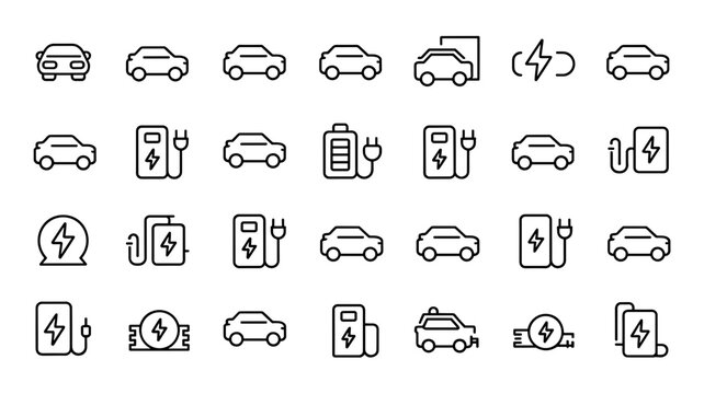 Electric car charging plug linear icon set &ndash; Perfect for smart home interface design, pollution control tracking, or climate tech.