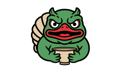 Fototapeta premium Green cartoon monster holding a cup with angry expression.