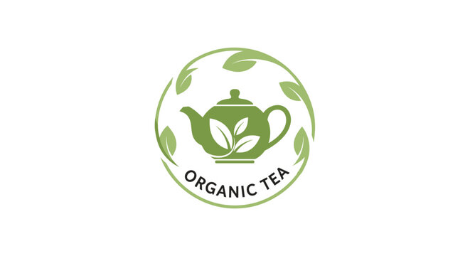 Green organic tea logo with teapot and leaves.