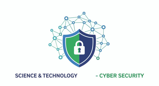 Digital shield with network pattern and text "Science & Technology - Cyber Security
