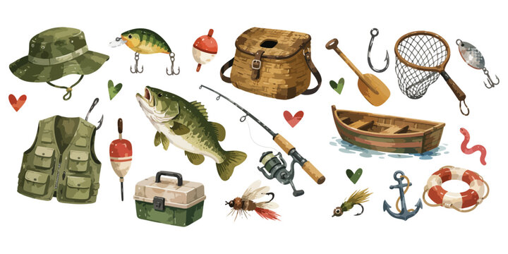Watercolor fishing equipment and gear elements