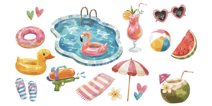 Watercolor summer pool party and swimming pool elements