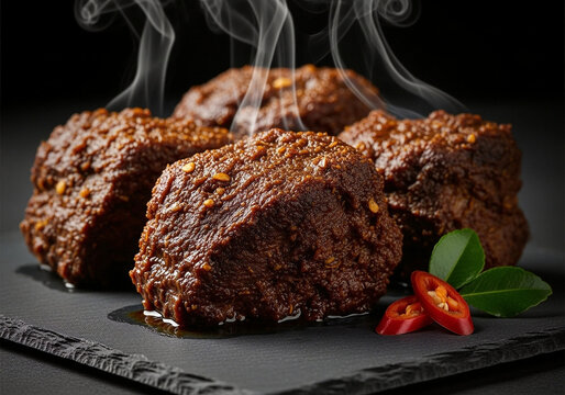 Indonesian Beef Rendang Hyperrealistic Food Photography on Dark Slate Plate