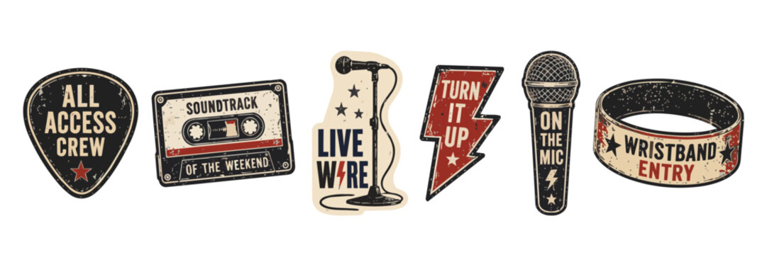 Retro grunge music festival icons: cassette tape, microphone, wristband, guitar pick, lightning bolt, and backstage pass for event access