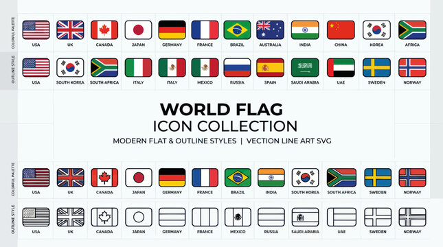 World Flags Icon Collection: Modern Flat & Outline Styles, Vection Line Art SVG