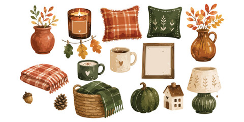 Watercolor cozy autumn home decor and hygge interior elements © dian's
