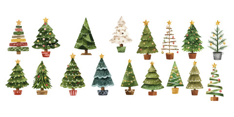 Obraz premium Watercolor Christmas trees collection and festive pine elements