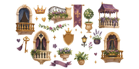 Naklejka premium Watercolor royal castle balcony and architecture elements