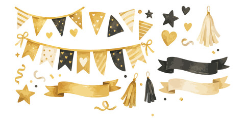 Watercolor black and gold party decorations and luxury bunting elements  © dian's