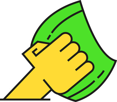 hand holding sanitizing napkin cleaning icon

