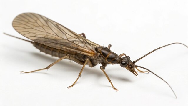 Macro shot of a single stonefly isolated on a pure white background.