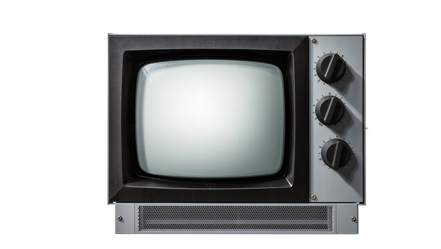 Vintage television with black frame and grey panel with three knobs
