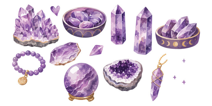 Watercolor amethyst crystals and mineral elements