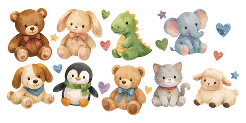 Naklejka na ściany i meble Cute watercolor baby animals plush toys clipart 
