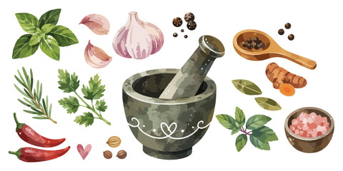 Obraz premium Watercolor mortar and pestle with spices and herbs 