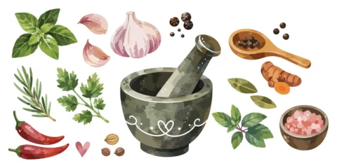 Watercolor mortar and pestle with spices and herbs  © dian's