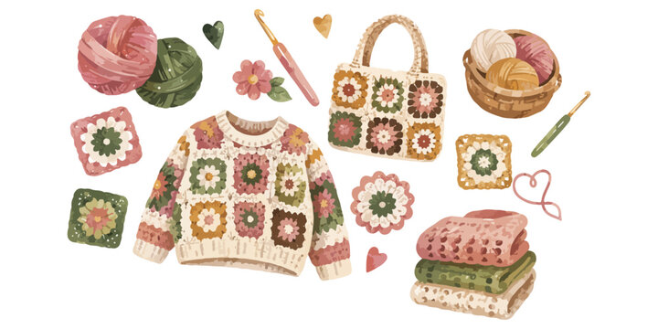 Watercolor crochet and granny square elements
