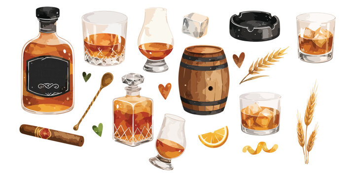 Watercolor whiskey and cigar elements 
