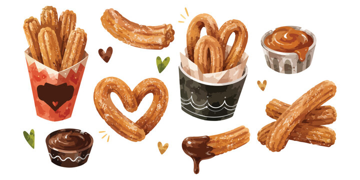 Watercolor churros and chocolate sauce elements