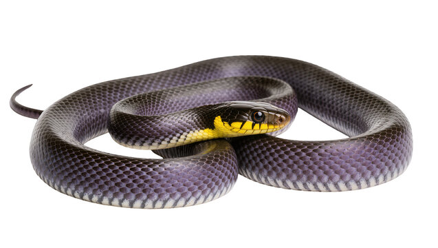 Dark scaled snake with yellow throat coiled on white