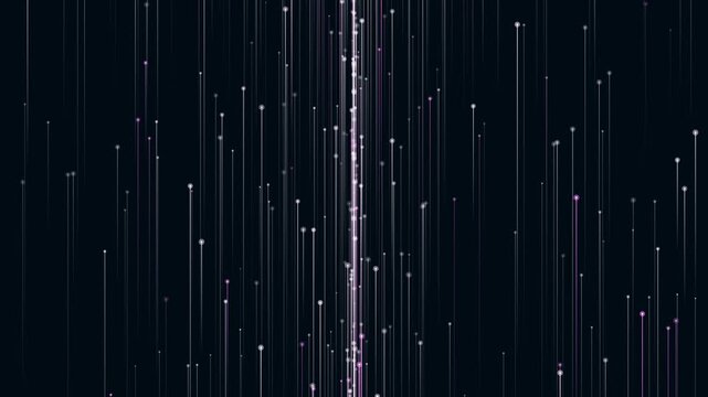 Light streaks and glowing lines rising vertically with purple and white shimmer on black background for digital data transfer and cinematic overlay.