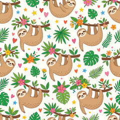 Fototapeta premium Pattern Vector Illustration of Sloths Hanging on Branches with Tropical Foliage in Modern Cute Style