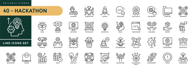 A collection of Hackathon icons set with editable stroke, including technology, startup, prototype, coding, challenge, innovation, collaboration, development. Thin linear vector illustration. © Trisula Icons