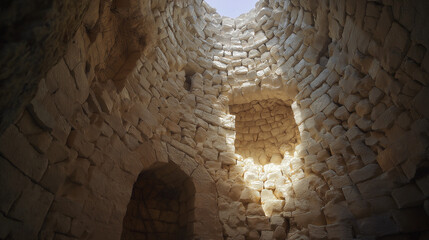Fototapeta premium squinch. Interior of a round stone tower, corner where masonry walls curve inward to support the ceiling. real-estate listings.