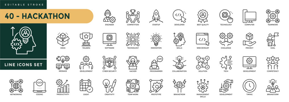 A collection of Hackathon icons set with editable stroke, including technology, startup, prototype, coding, challenge, innovation, collaboration, development. Thin linear vector illustration.