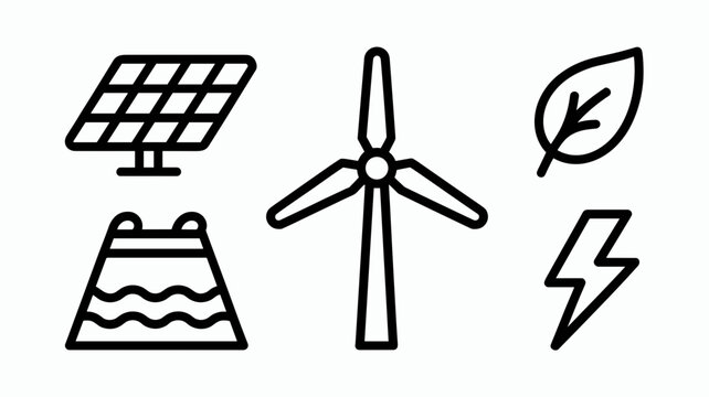 Hydroelectric power icon sheet &ndash; Ideal for environmental technology manuals, renewable energy infographics, or green energy sites.
