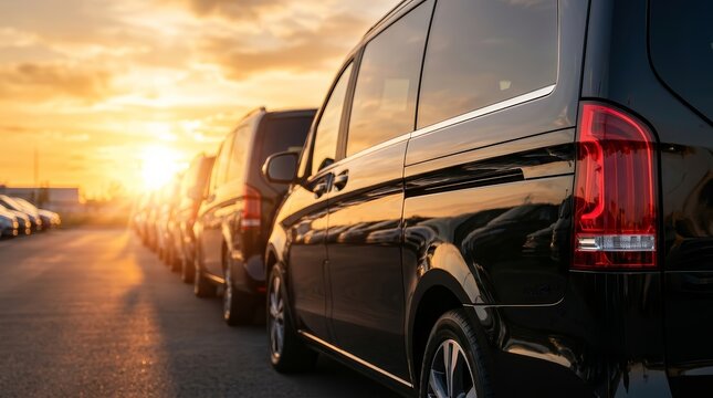 Commercial transportation fleet of black vans lined up at a dealership in golden hour light.