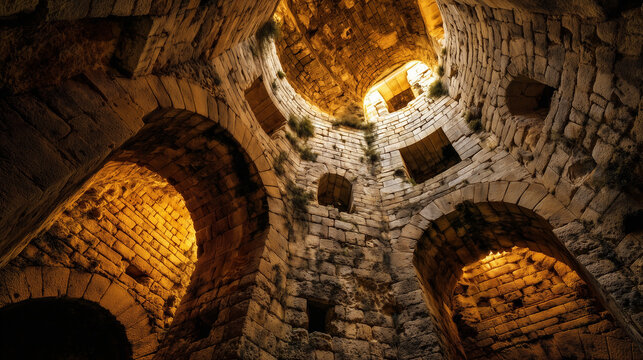 squinch. Interior of a round stone tower, corner where masonry walls curve inward to support the ceiling. real-estate listings.