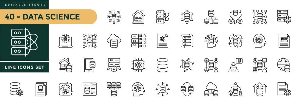 A collection of Data Science icons set with editable stroke, including statistics, machine learning, science, analytics, big data. Thin linear vector illustration.