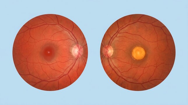 Comparison of healthy and diseased human retina fundus with macular lesion digital illustration