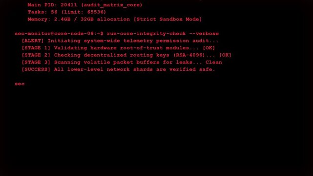 Futuristic Security Monitor Core Node Export Audit Log Red Command Line Terminal Screen Display.