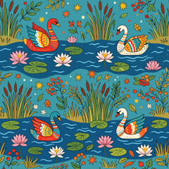 Obraz premium Vector Pattern of Swans and Water Lilies in Modern Folk Art Style with Bright Color Palette