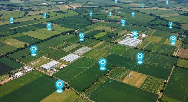Aerial view of farm fields.