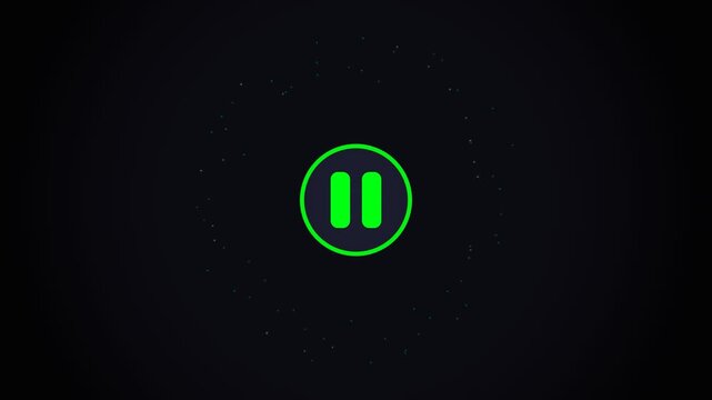 Glowing Green Pause Icon Animation with Particles on Black