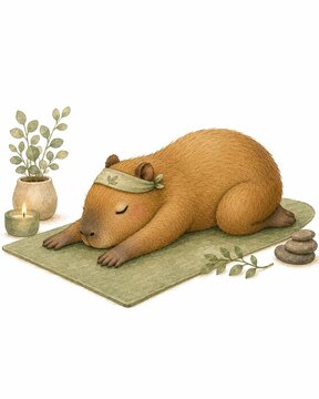 Emotional Support Animal Unbothered Therapy Capybara in Yoga Child Pose for Grounding, Watercolor Illustration for Trauma Informed Yoga & Somatic Healing, Mental Health Wellness Art Isolated on White