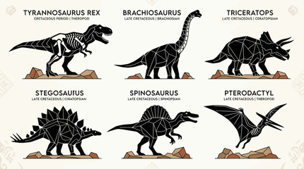 Collection of Dinosaur Silhouettes with Skeletons - Tyrannosaurus Rex, Brachiosaurus, Triceratops © Isun