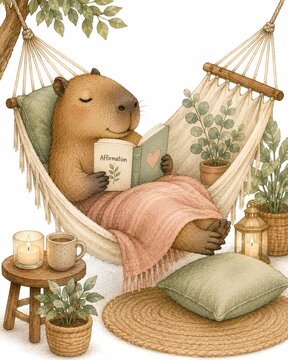 Emotional Support Animal Unbothered Therapy Capybara Resting in Hammock with Affirmations, Watercolor Illustration for Deep Rest and Permission to Slow Down, Burnout Recovery Art Isolated on White