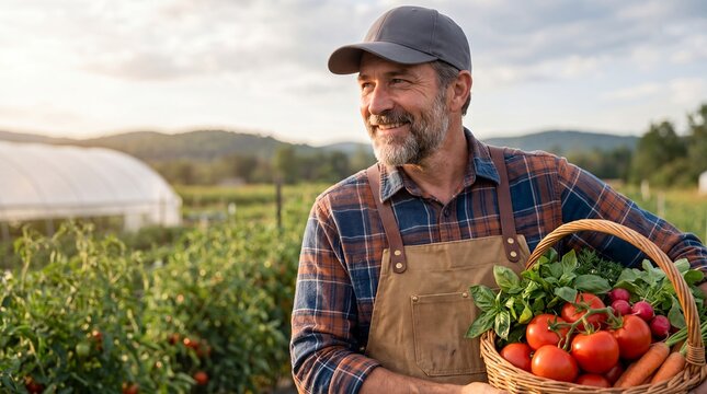 Happy male agricultural worker holding a basket of fresh organic vegetables during garden harvest