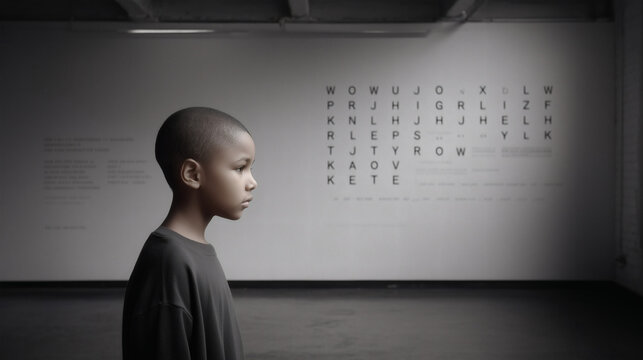 Ni&ntilde;o junto a fondo lleno de letras