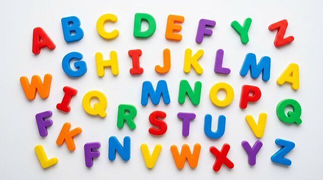 Educational alphabet magnets in bright colors lying on a white background.