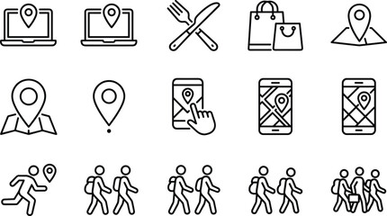 Collection of travel and navigation icons showing laptop map fork knife shopping bag. © Emongrapic
