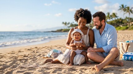 Fototapeta premium Family summer vacation with baby, Summer baby birth