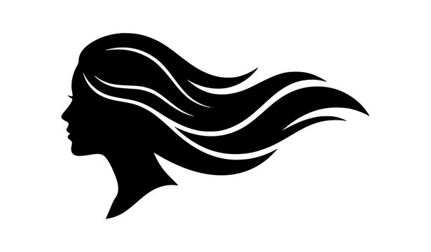 Elegant Woman Profile Silhouette with Long Flowing Hair Vector Illustration Isolated on White Background