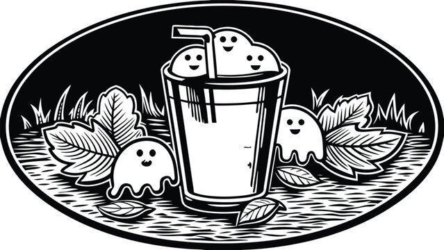 Halloween smoothie advertisement with ghost marshmallows in a cup